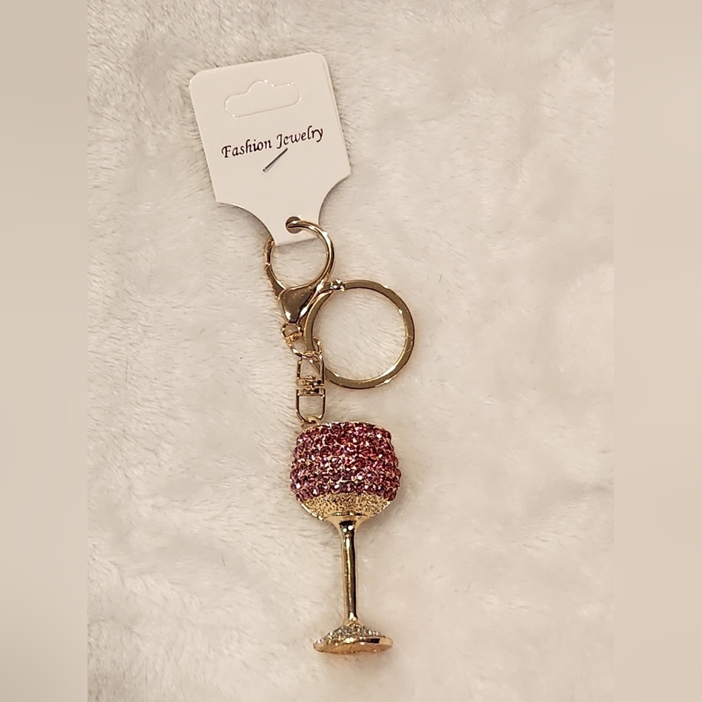 Wine Glass Pink and Gold Rhinestone Keychain Bag Charm